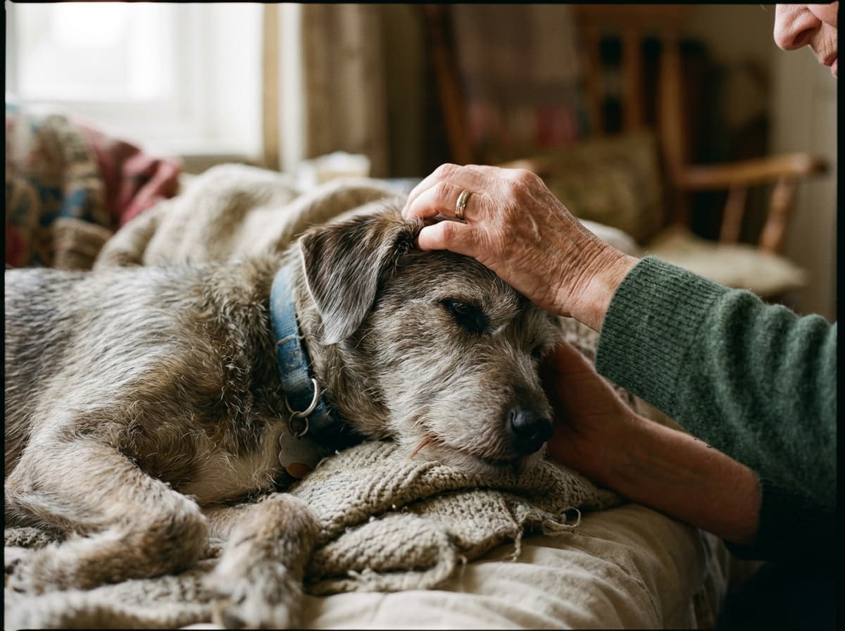 A hand gently stroking a dog