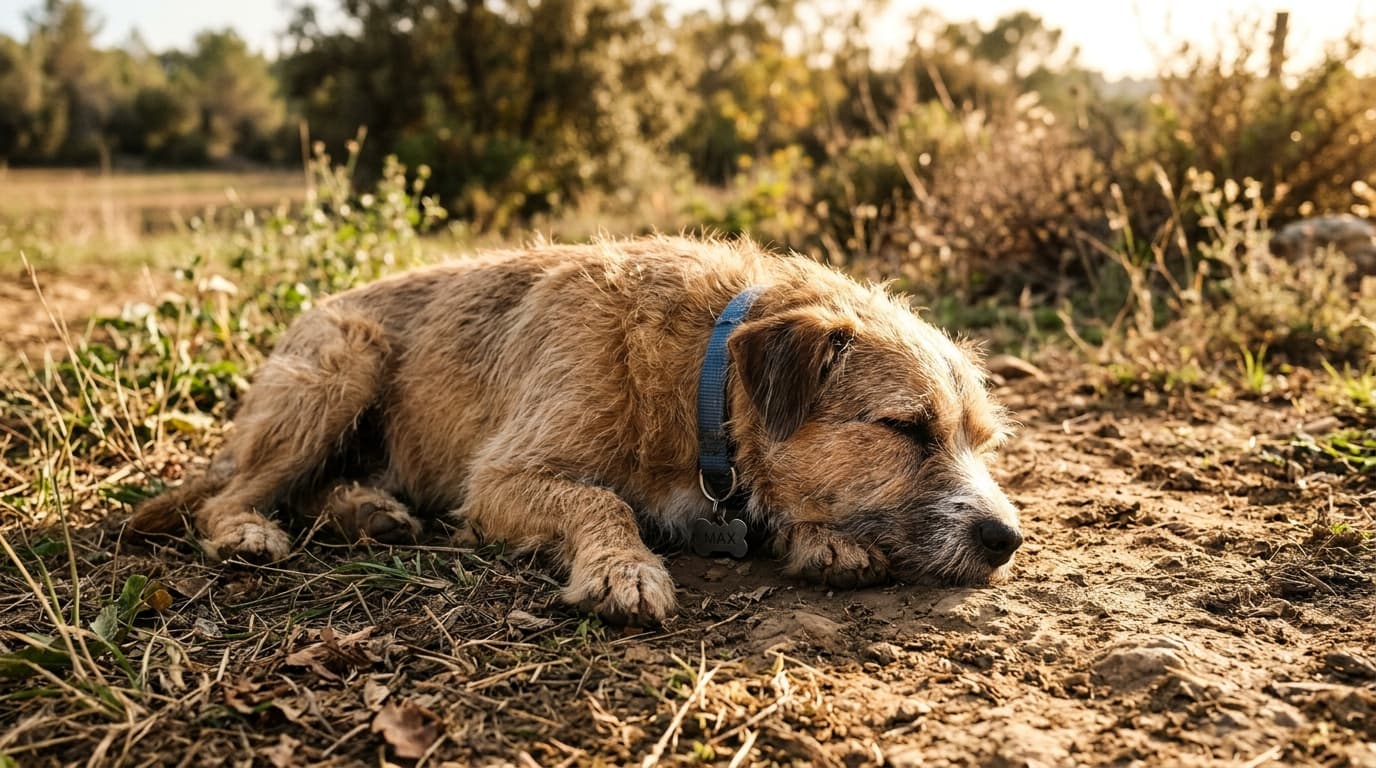A wiry brown terrier mix lying in the grass