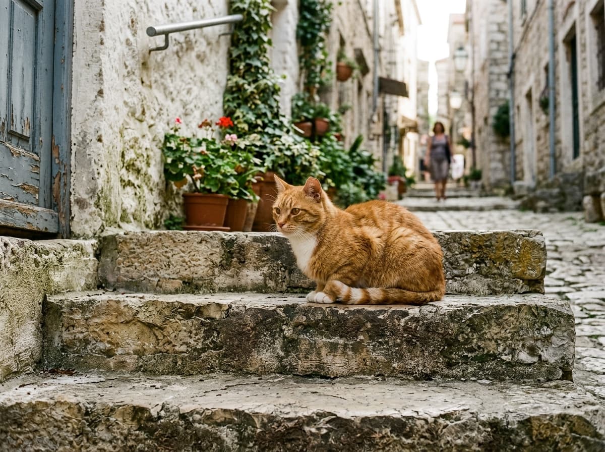 Cleo, a ginger tabby cat sitting on stone steps