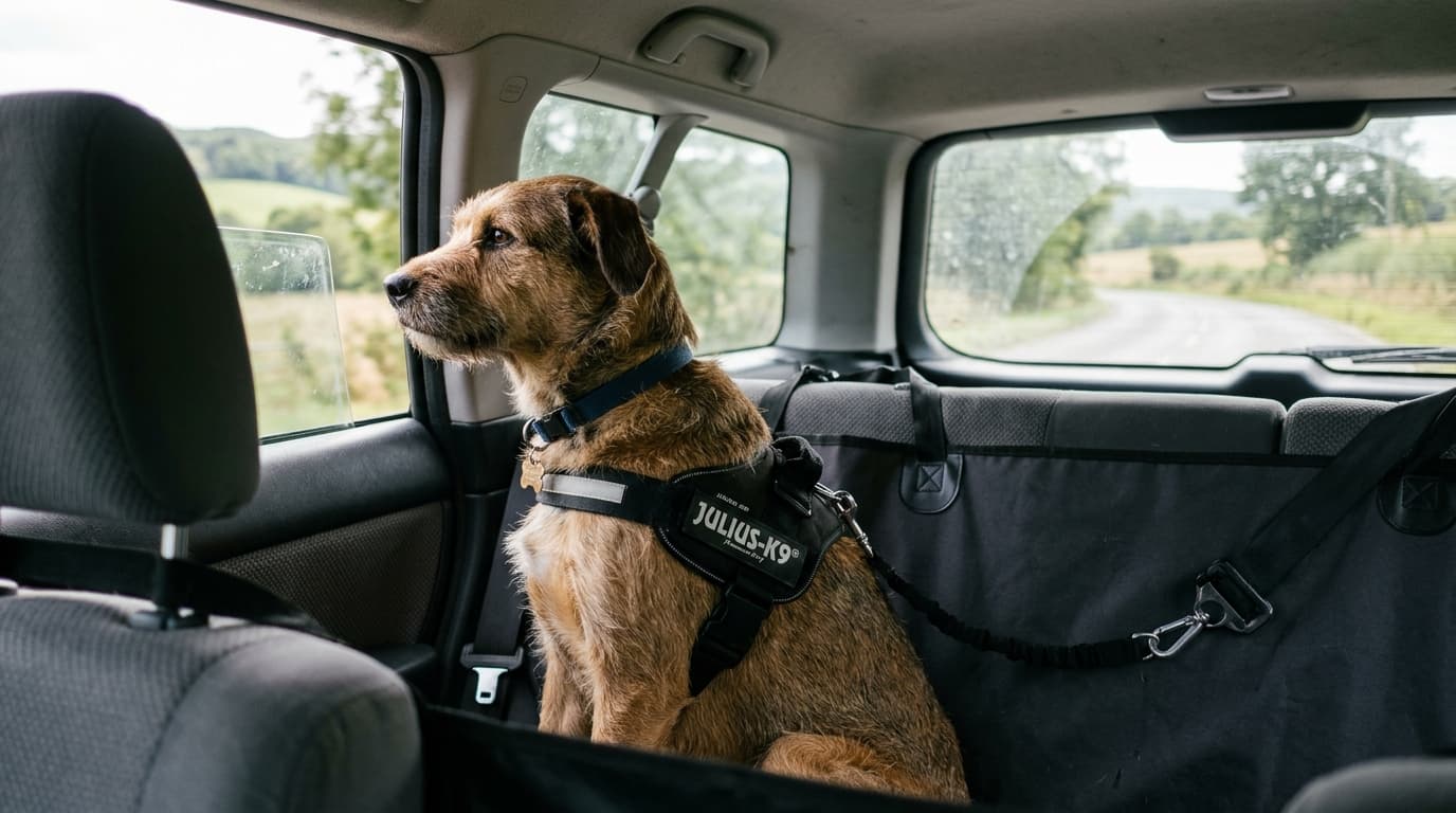 Jasper in transit riding safely in vehicle